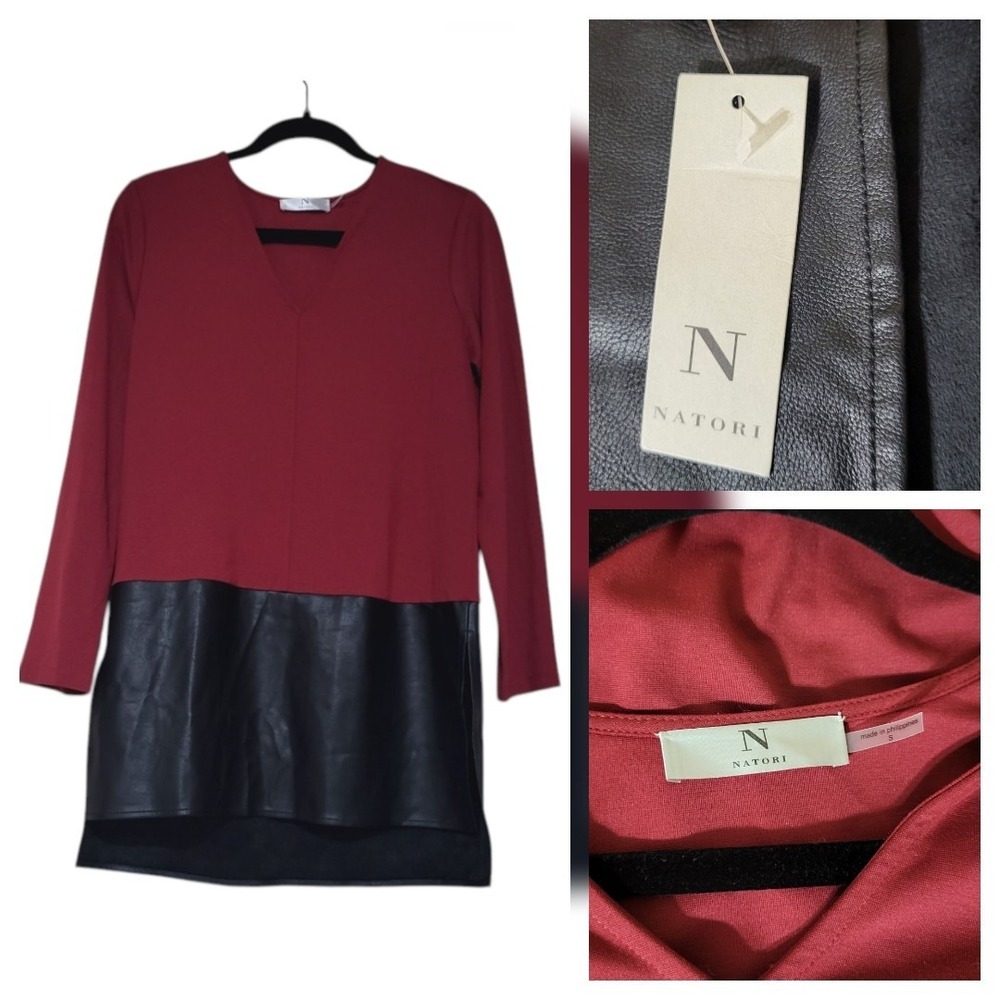 Natori Womens Tunic Top Colorblock Faux Leather Trim Long Sleeve Sz S New Fall